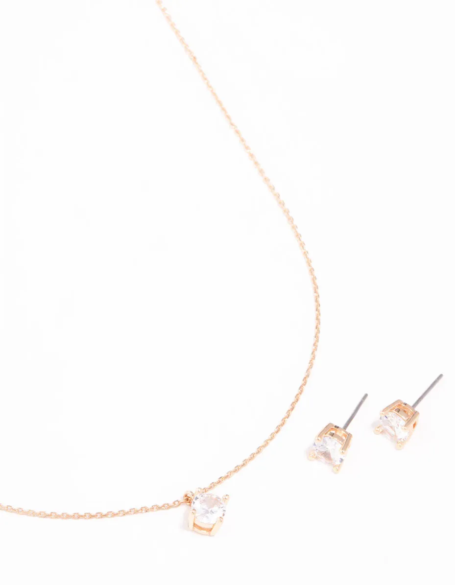 Gold Cubic Zirconia Necklace & Stud Earrings Set