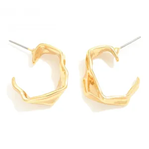 Gold Metal Crinkled Hoop Earrings