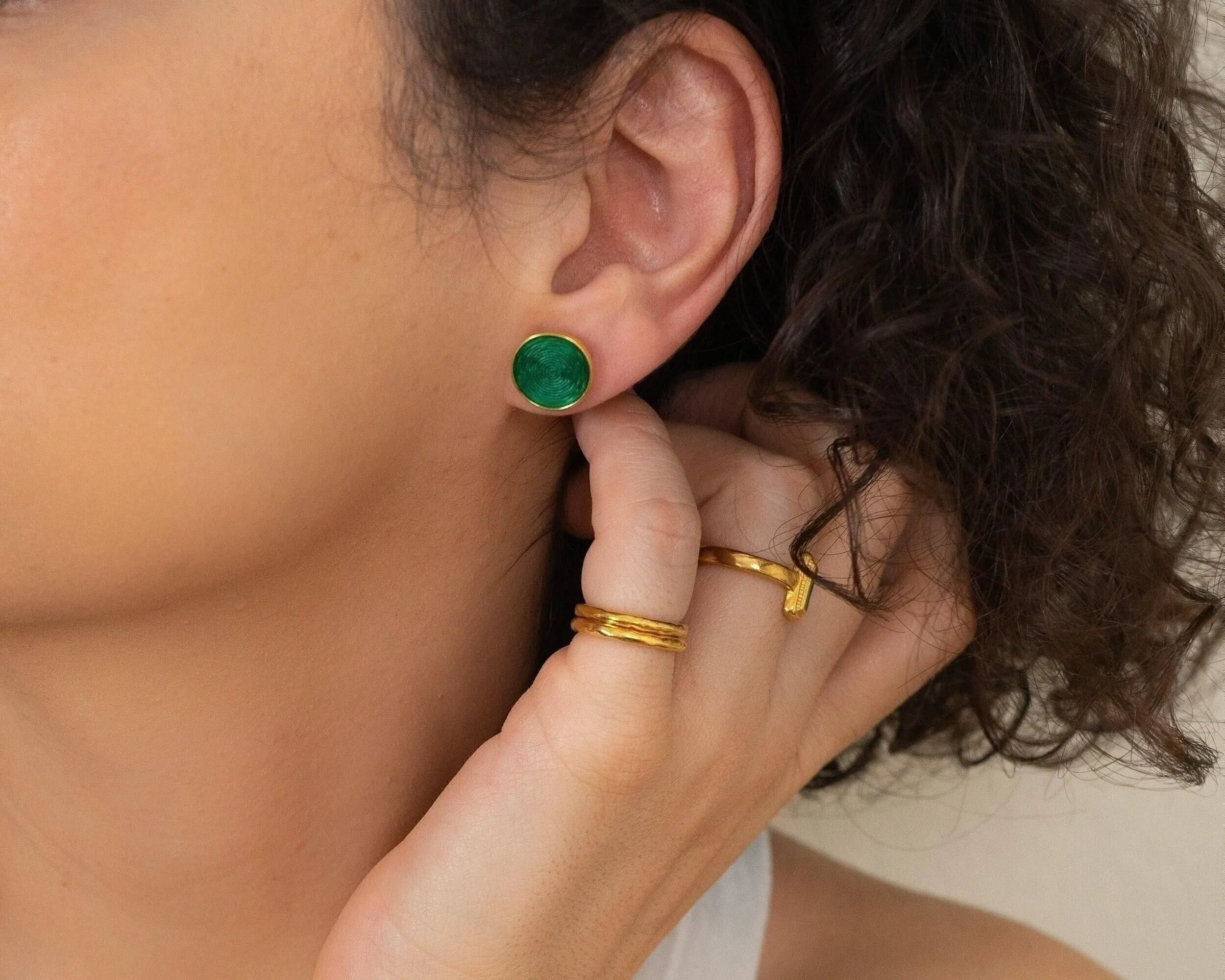 Gold Purple/Turquoise Enamel Round Disc Stud Earrings
