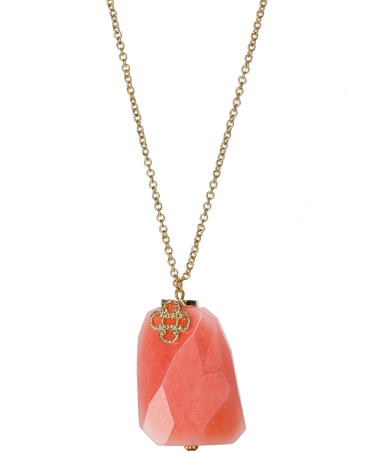 Gold-Tone Long Chain Four Petal Chunky Peach Pink Coral Stone Necklace by Jewelry Nexus