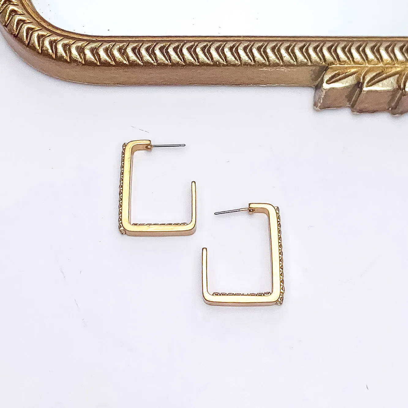 Gold Tone Rectangle Hoop Earrings With Clear Crystal Inlay
