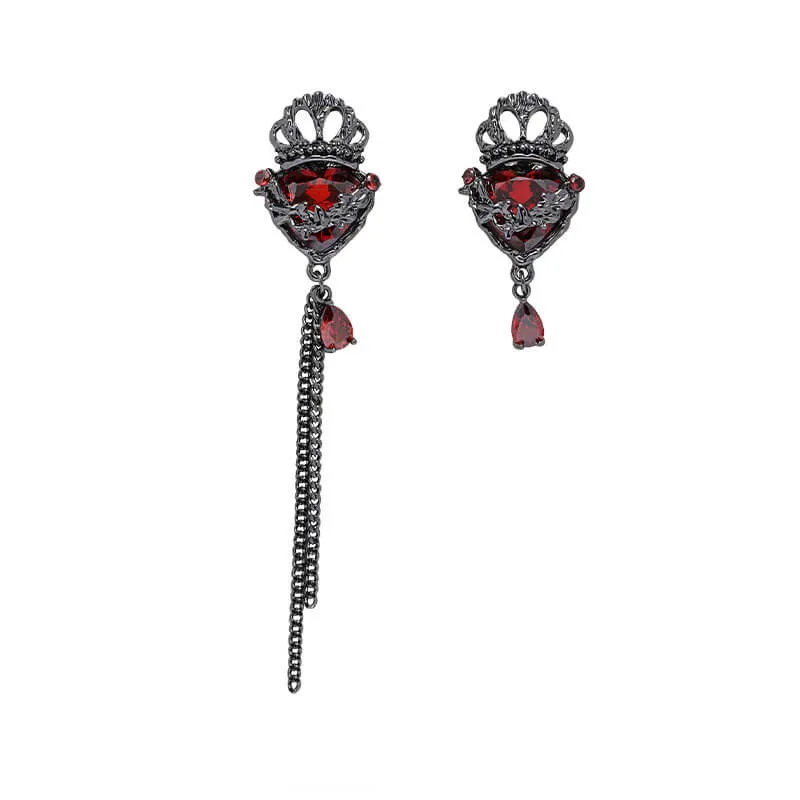 Gothic Crown Heart Chain Asymmetric Alloy Earrings
