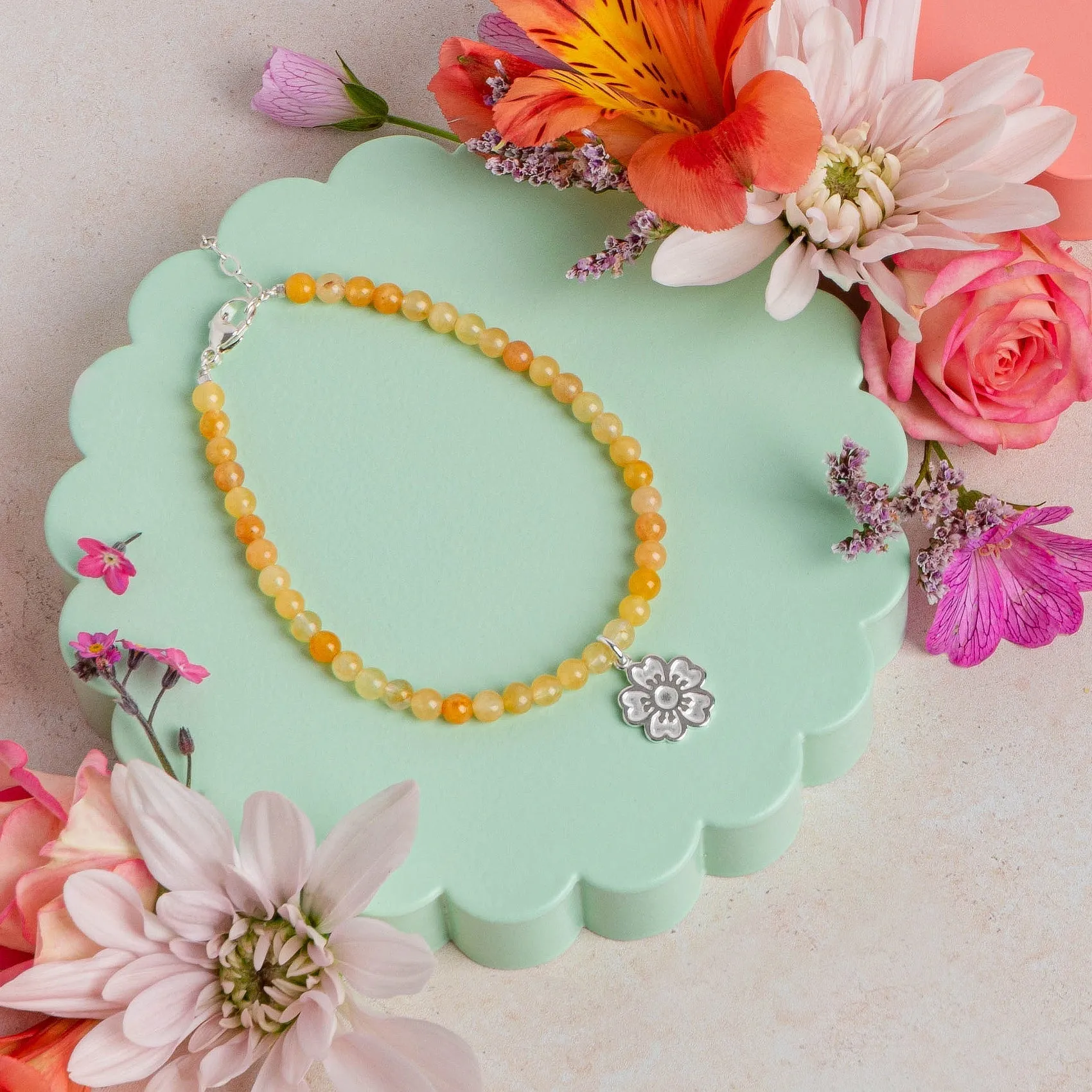 Guinea Flower on Golden Jade Beaded Bracelet