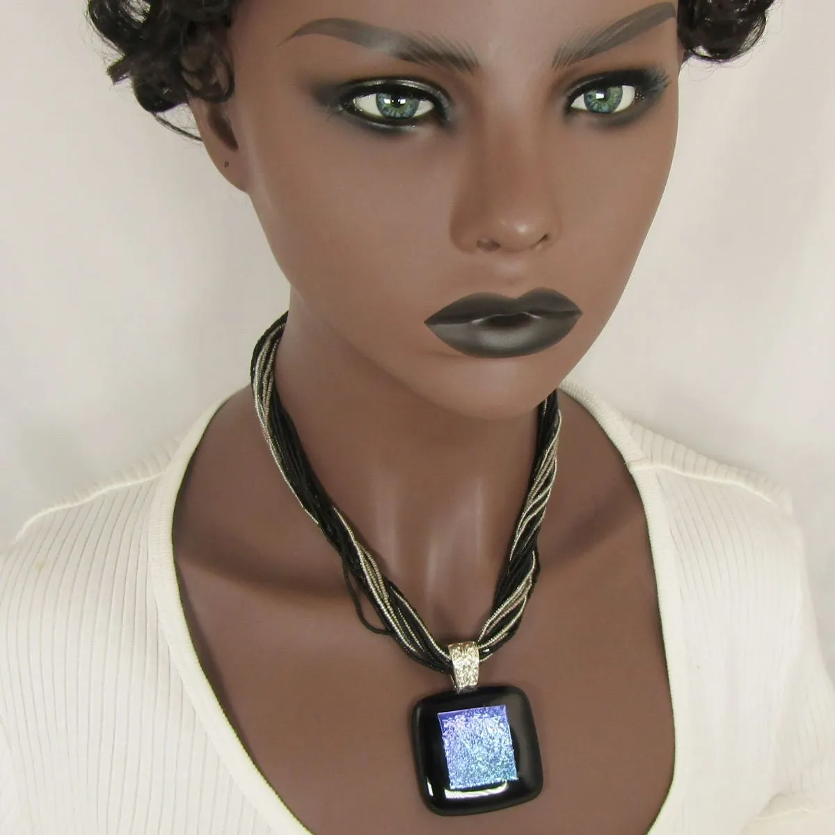 Handmade Black Dichroic Pendant on Multi-strand Seed Bead Necklace