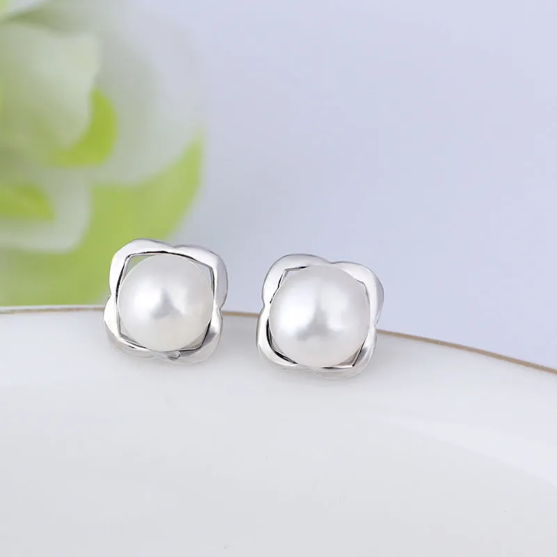 Hollow Square with Pearl Silver Studs Earrings for Women