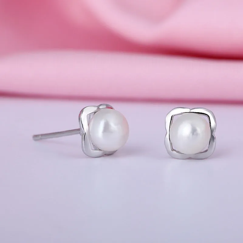 Hollow Square with Pearl Silver Studs Earrings for Women