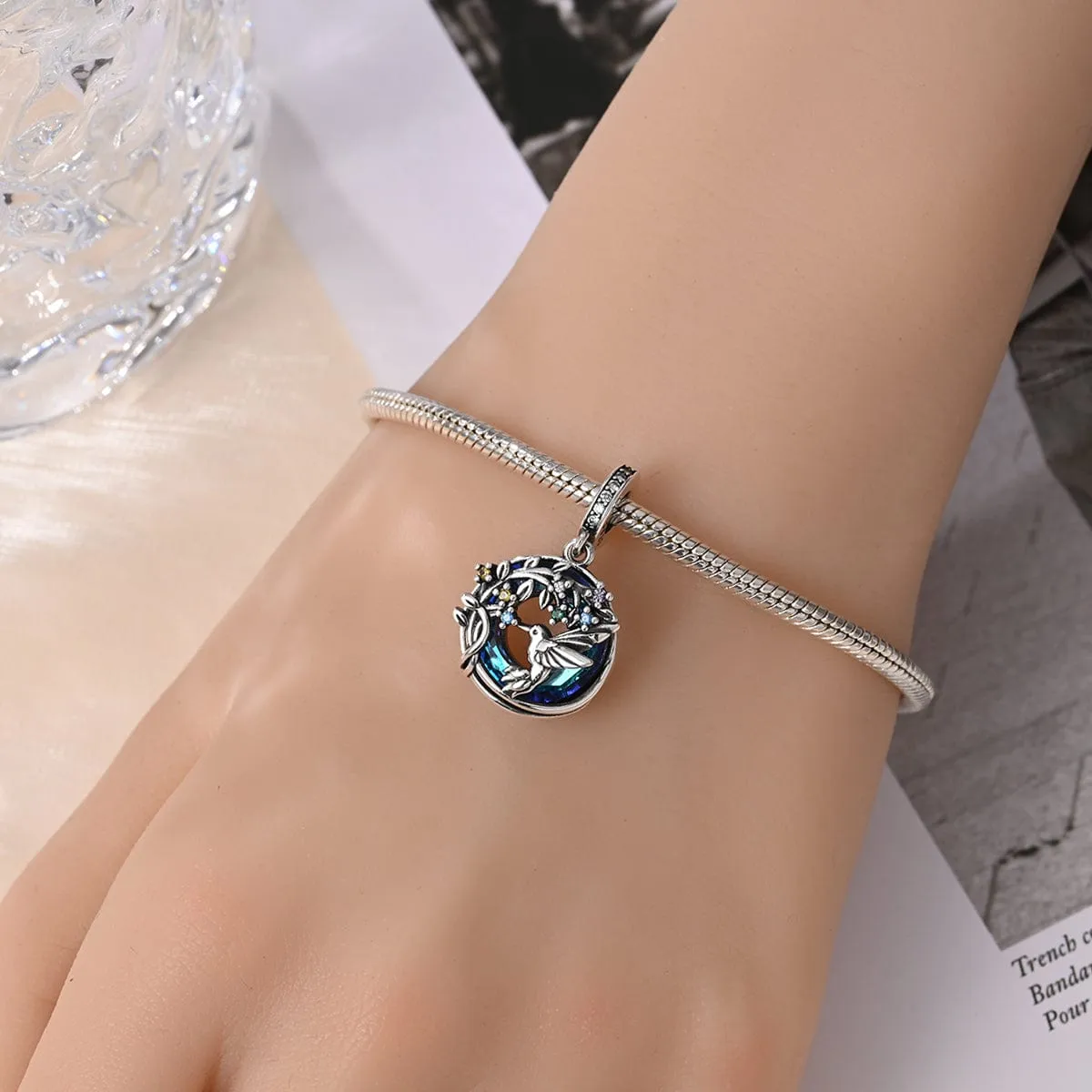 Hummingbird and Floral Sapphire Crystal Dangle Charm