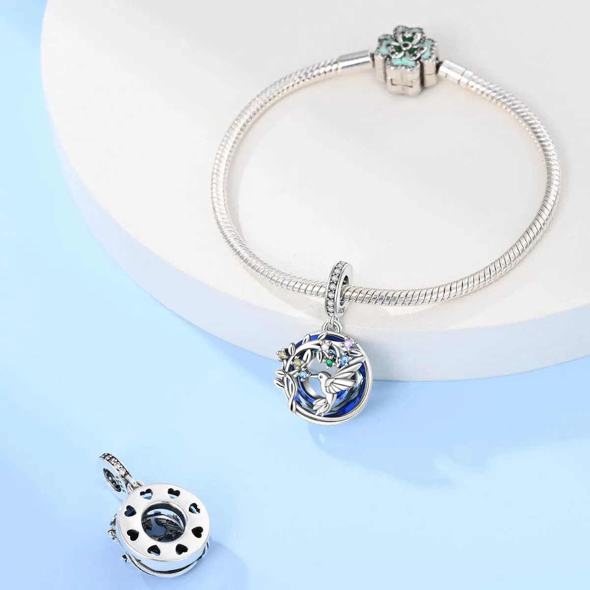 Hummingbird and Floral Sapphire Crystal Dangle Charm