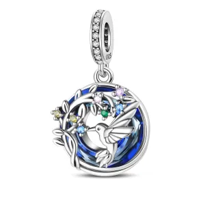 Hummingbird and Floral Sapphire Crystal Dangle Charm