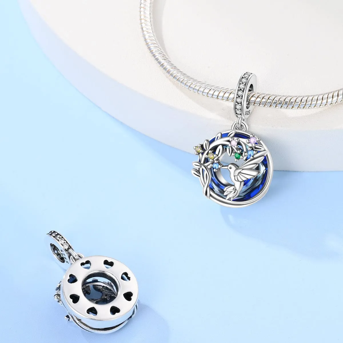 Hummingbird and Floral Sapphire Crystal Dangle Charm
