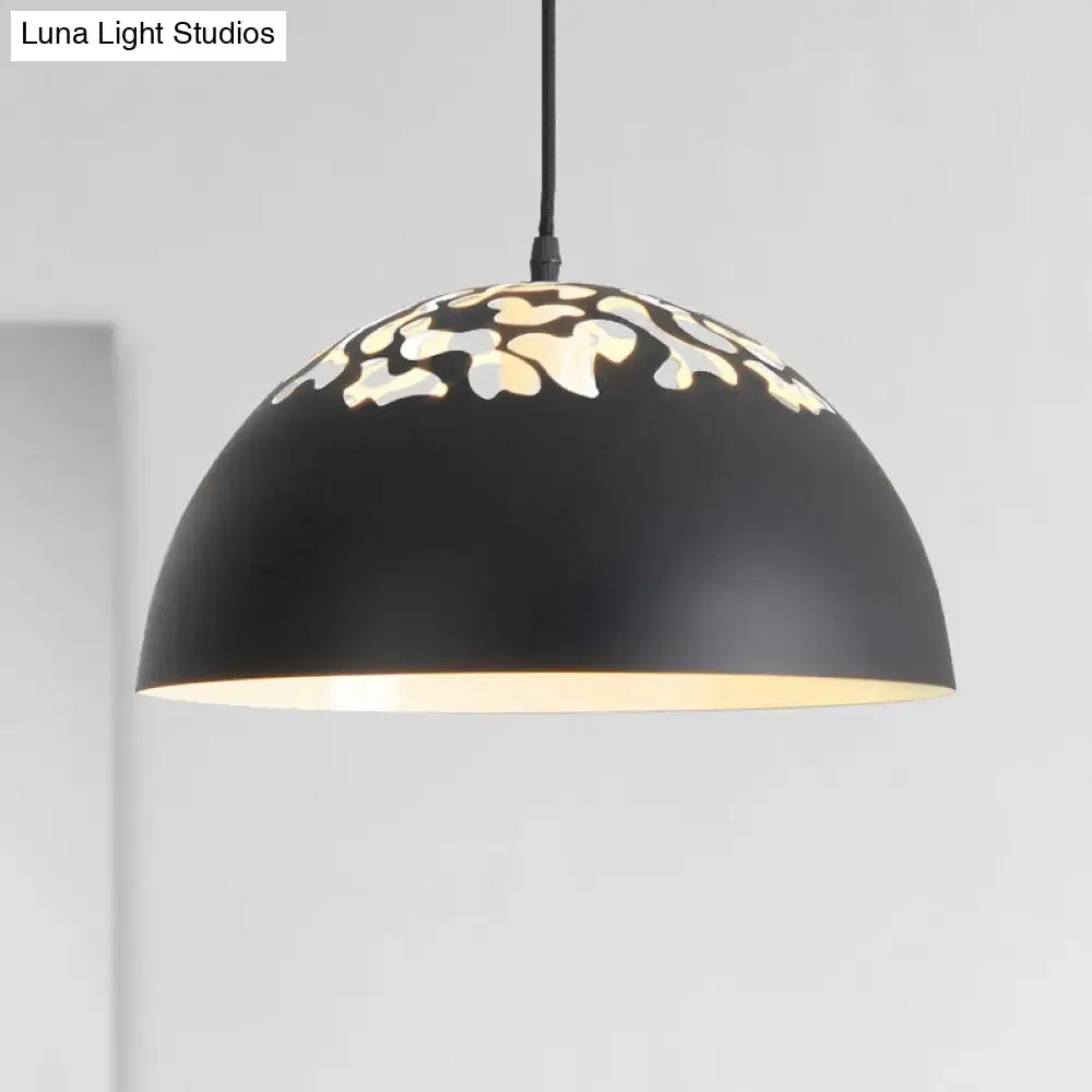 Industrial Domed Pendant Lighting 1-Light Metal Suspension Light, 12"/16" Dia, Hollow Out Design, Black/White