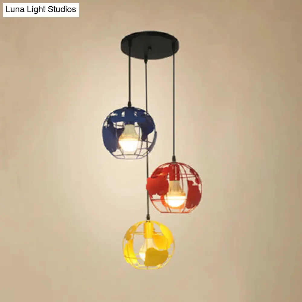 Industrial Tellurion Cage Pendant Light with 3 Lights, Metal Suspension in White/Blue