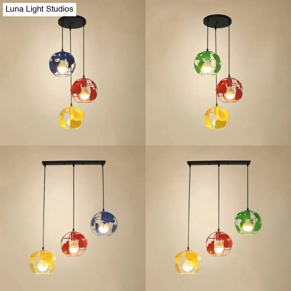 Industrial Tellurion Cage Pendant Light with 3 Lights, Metal Suspension in White/Blue