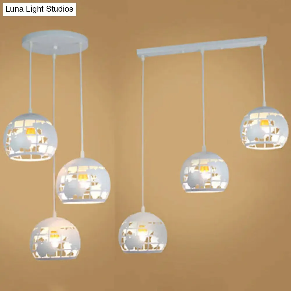 Industrial Tellurion Cage Pendant Light with 3 Lights, Metal Suspension in White/Blue