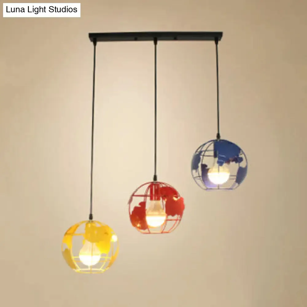 Industrial Tellurion Cage Pendant Light with 3 Lights, Metal Suspension in White/Blue