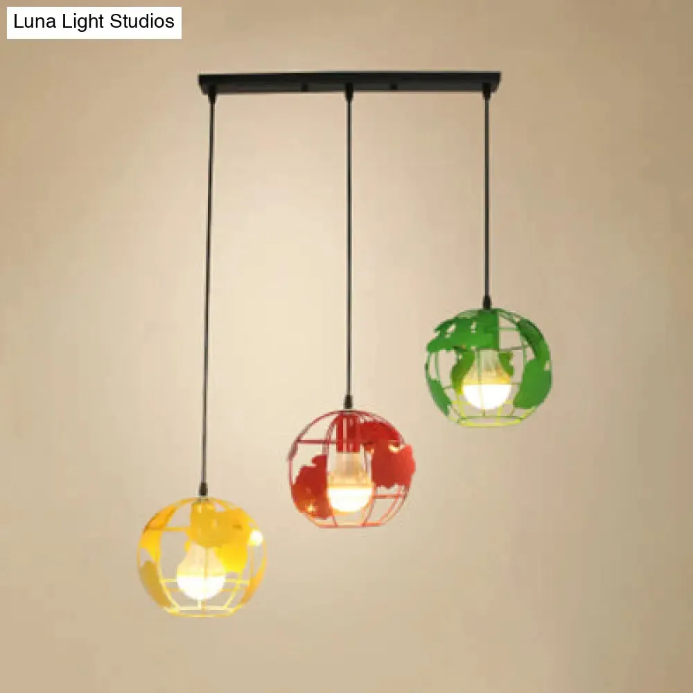 Industrial Tellurion Cage Pendant Light with 3 Lights, Metal Suspension in White/Blue