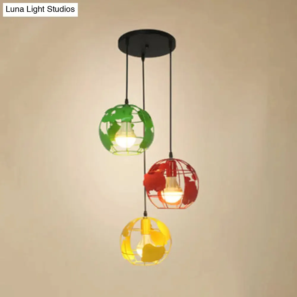 Industrial Tellurion Cage Pendant Light with 3 Lights, Metal Suspension in White/Blue