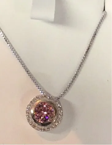 Kelly Herd Round Bezel Set Pave Necklace Pink- Sterling Silver