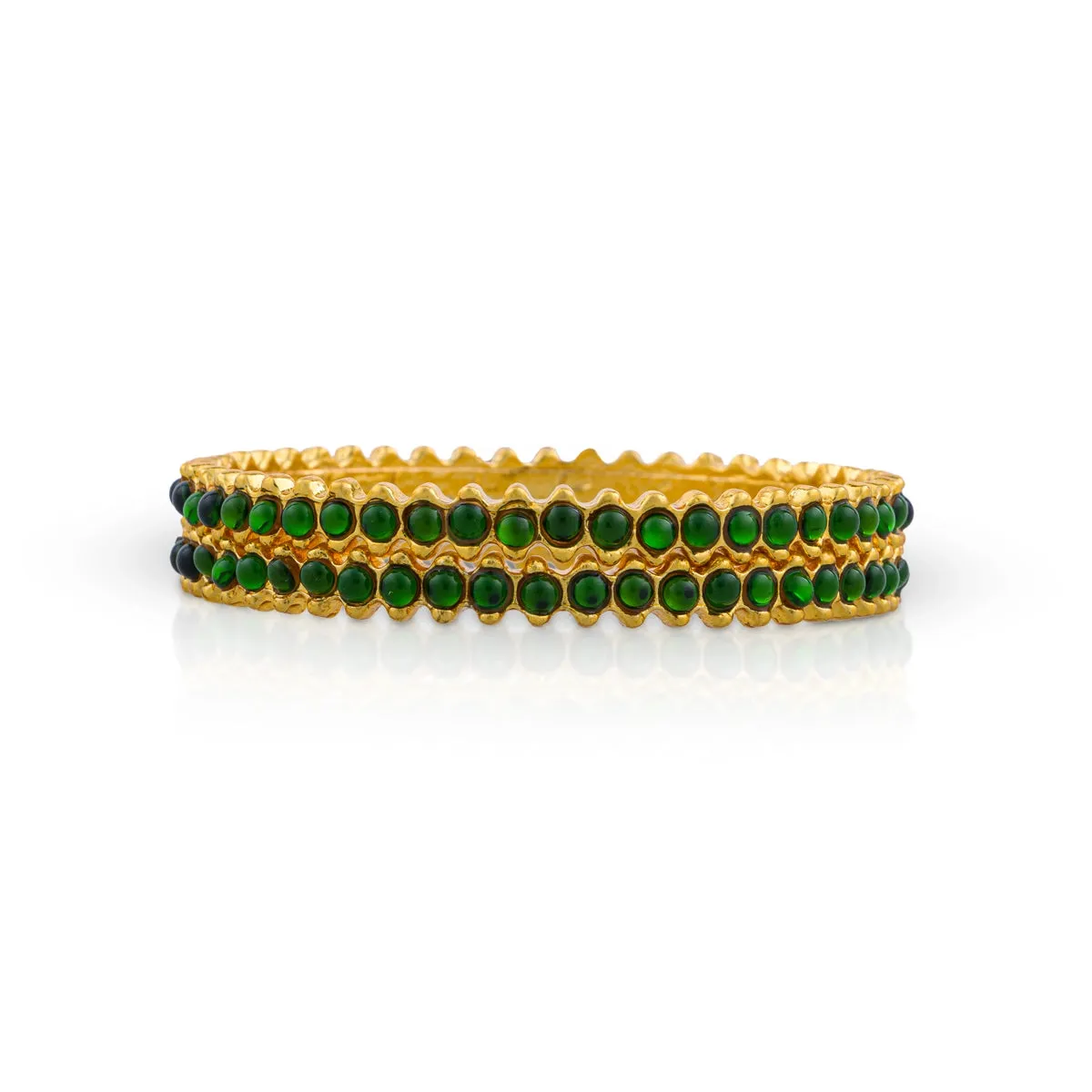 Kemp Stone Bangles Pair - 0.5 x 2.5 Inches | Green Colour Stone Chudi/ Bharatanatyam Jewellery for Women