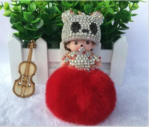 KIKI sleutelhanger real rabbit bunny fur pom pom keychain Crystal  cartoon Dolls pompom Key chain Woman bag car Charm pendant