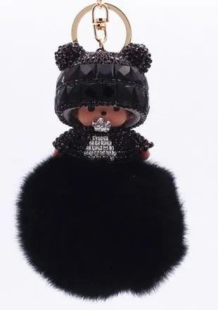 KIKI sleutelhanger real rabbit bunny fur pom pom keychain Crystal  cartoon Dolls pompom Key chain Woman bag car Charm pendant