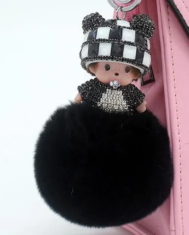 KIKI sleutelhanger real rabbit bunny fur pom pom keychain Crystal  cartoon Dolls pompom Key chain Woman bag car Charm pendant