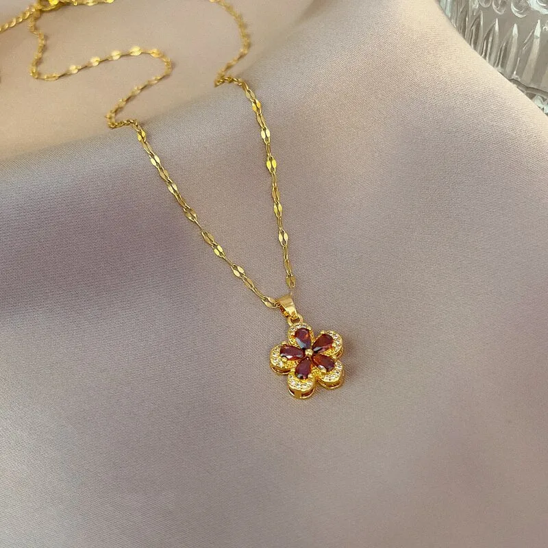 Korean Elegant Temperament Red Flower Pendant Necklace For Women