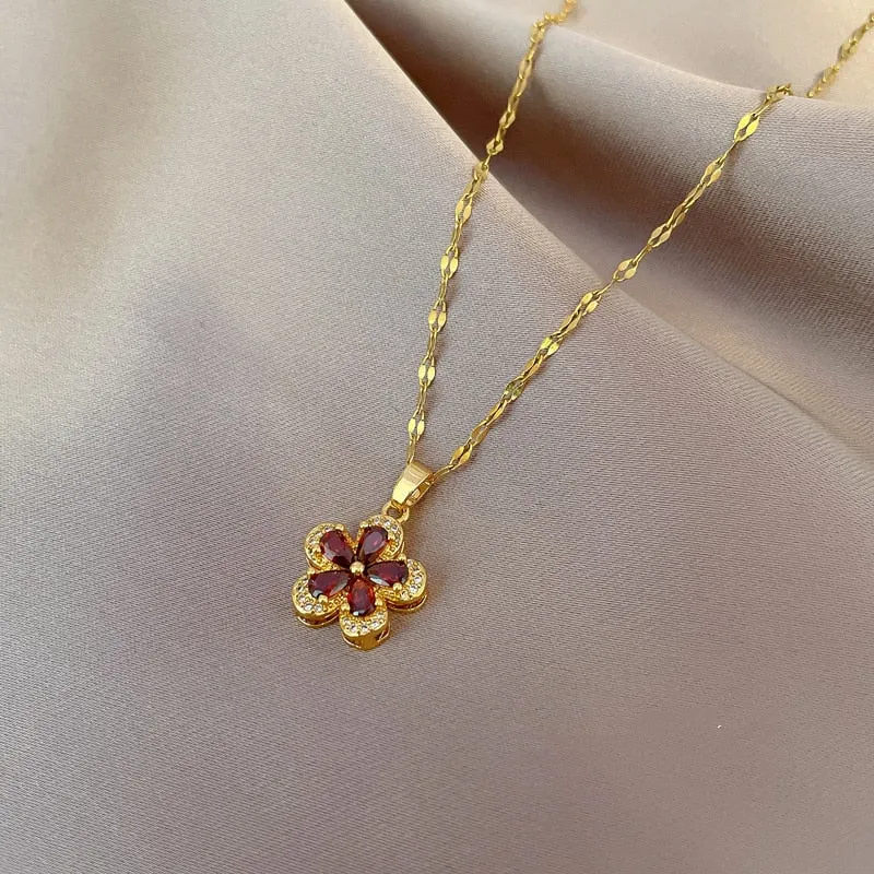Korean Elegant Temperament Red Flower Pendant Necklace For Women
