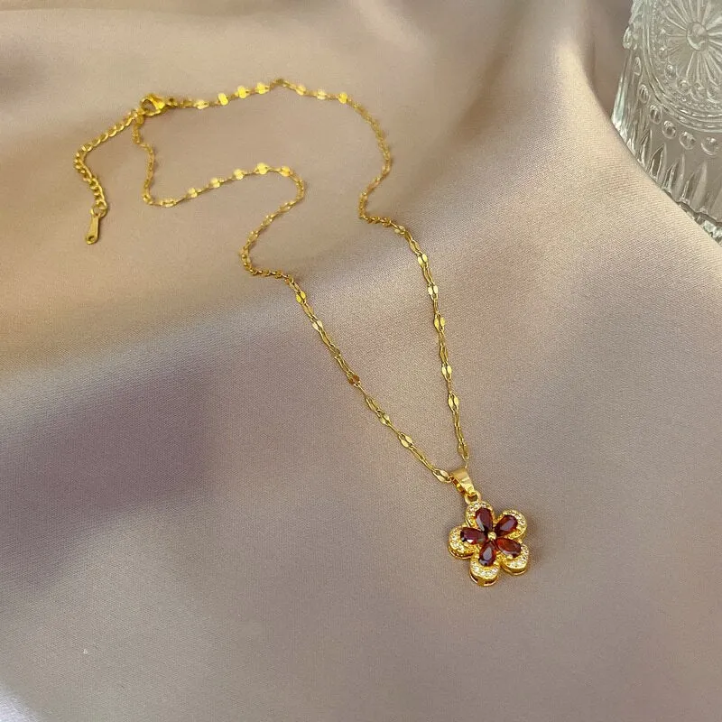 Korean Elegant Temperament Red Flower Pendant Necklace For Women