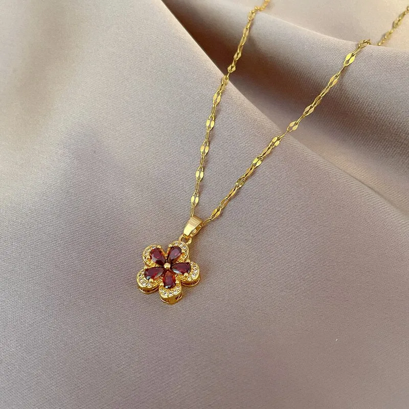 Korean Elegant Temperament Red Flower Pendant Necklace For Women