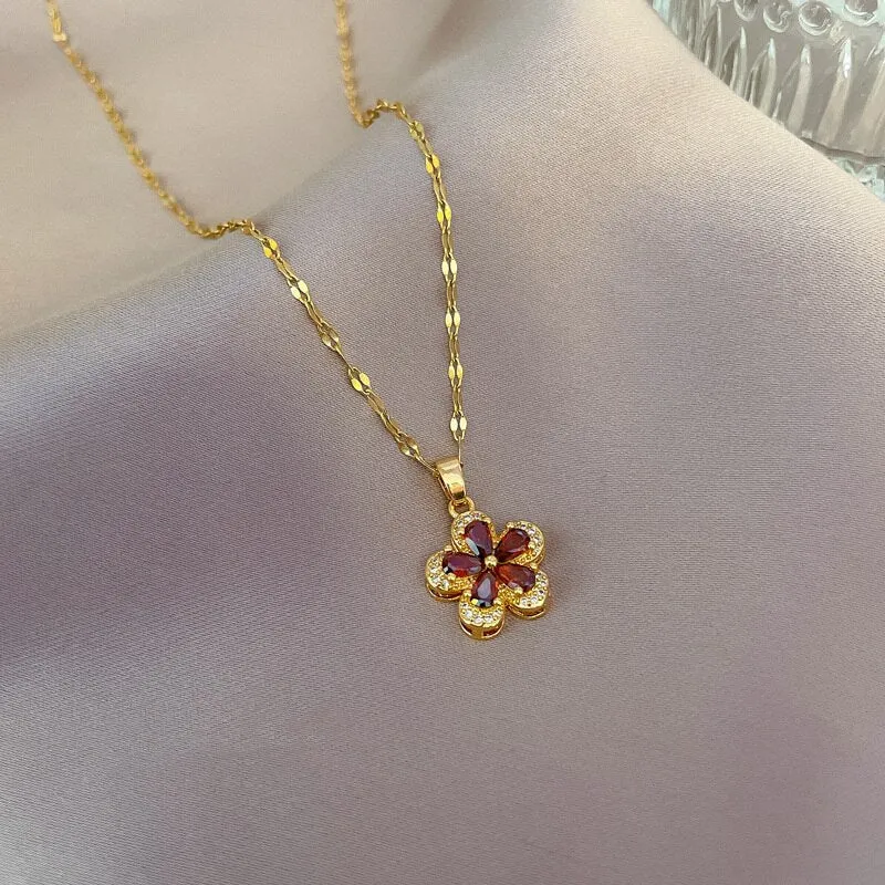 Korean Elegant Temperament Red Flower Pendant Necklace For Women