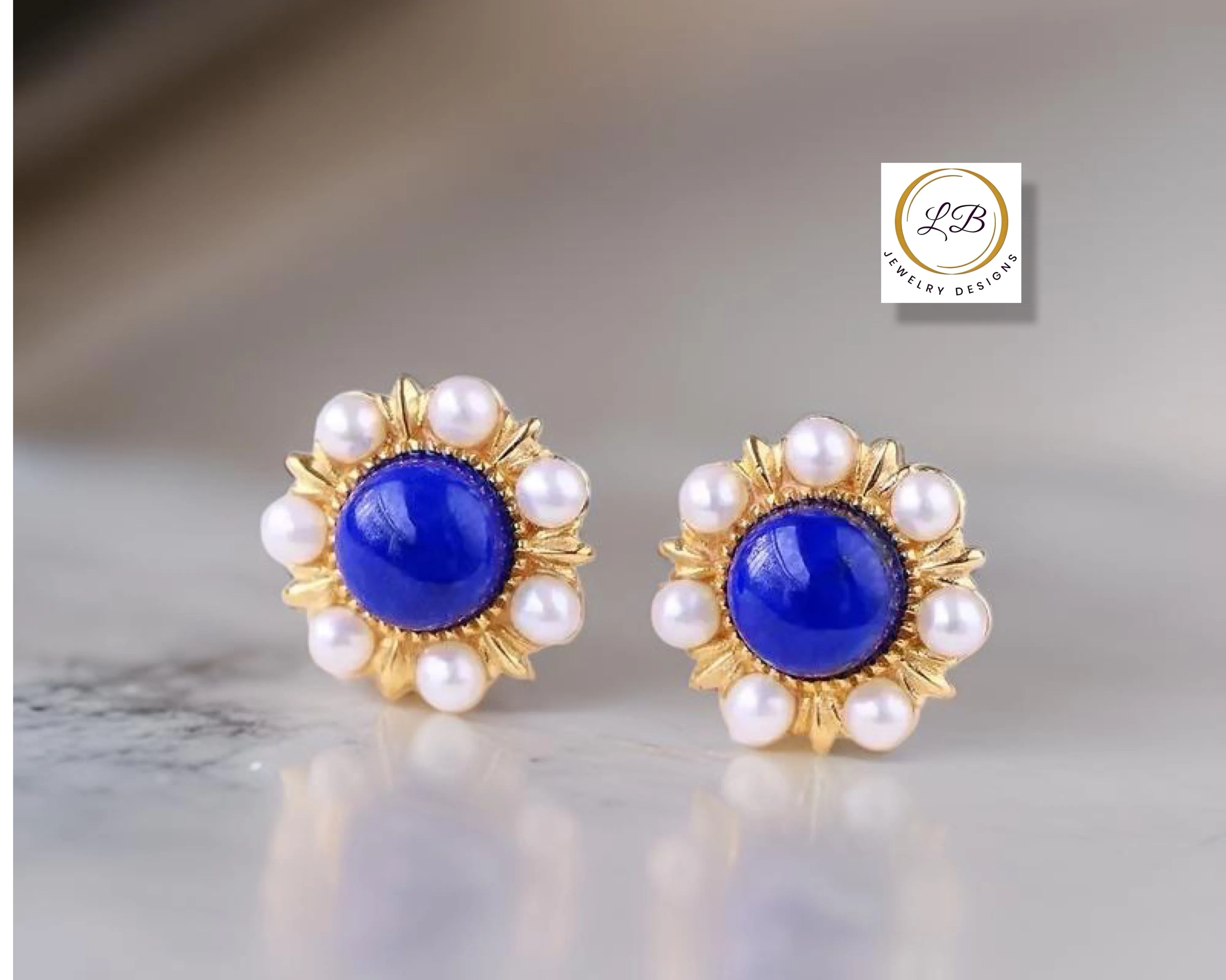 Lapis Lazuli & Pearl Gold Stud Earrings