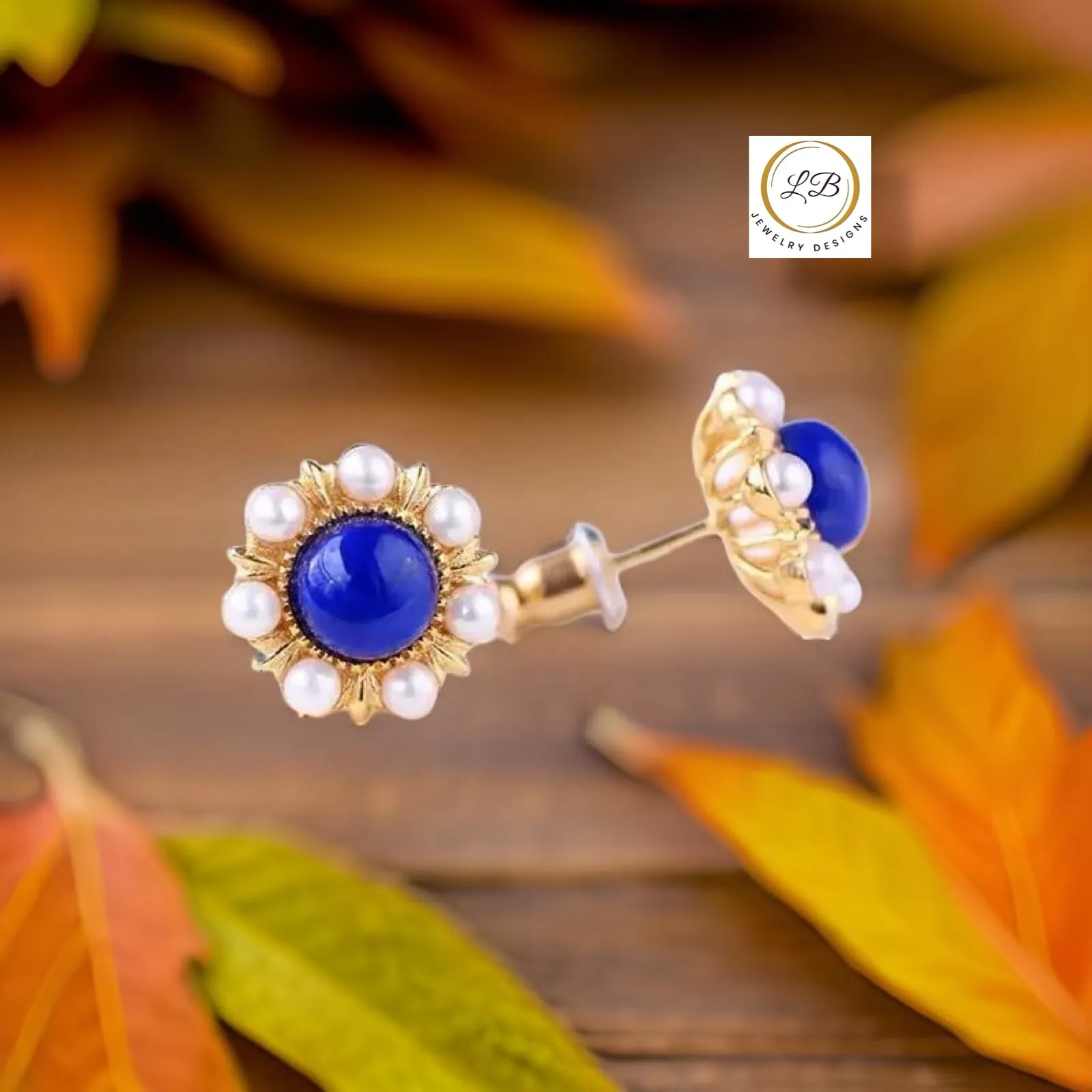Lapis Lazuli & Pearl Gold Stud Earrings