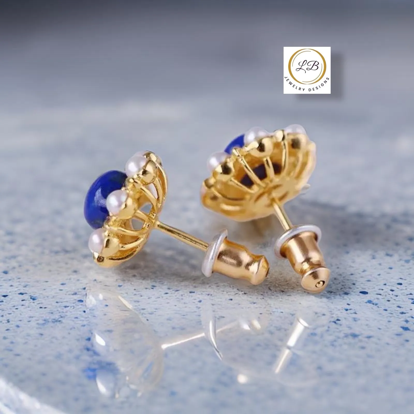 Lapis Lazuli & Pearl Gold Stud Earrings