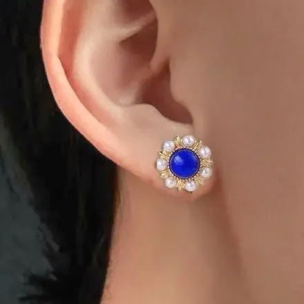 Lapis Lazuli & Pearl Gold Stud Earrings