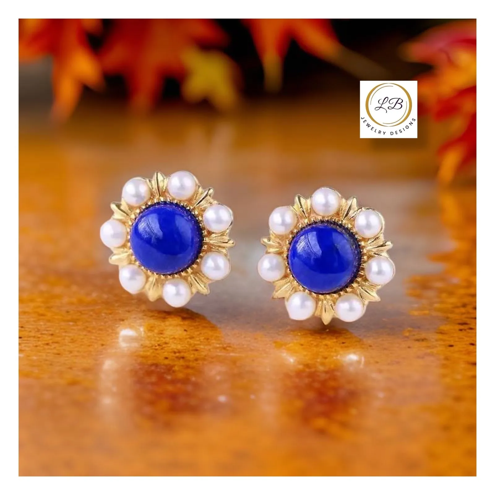 Lapis Lazuli & Pearl Gold Stud Earrings