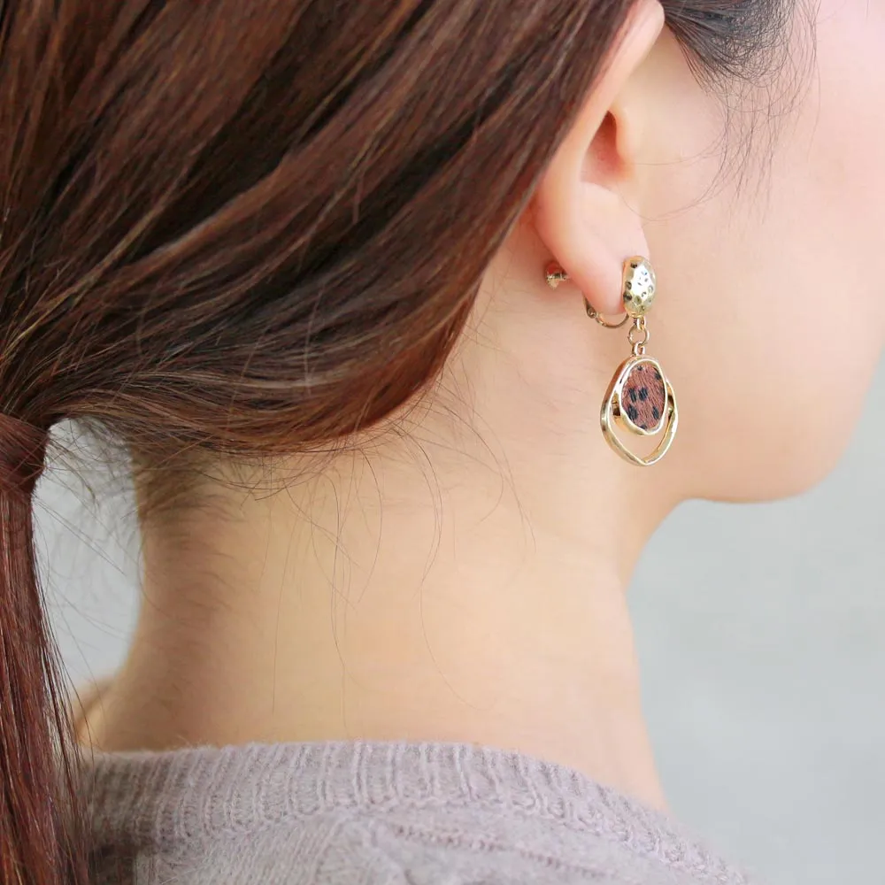 Leopard Haircalf Drop Clip On Earrings
