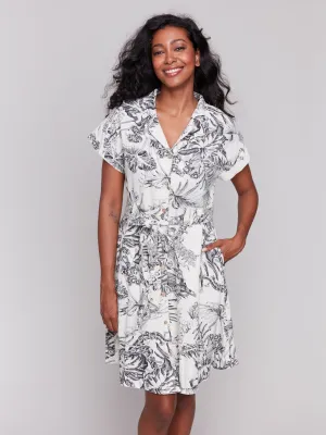 Linen Blend Short Sleeve Button-Front Dress - Black & Cream