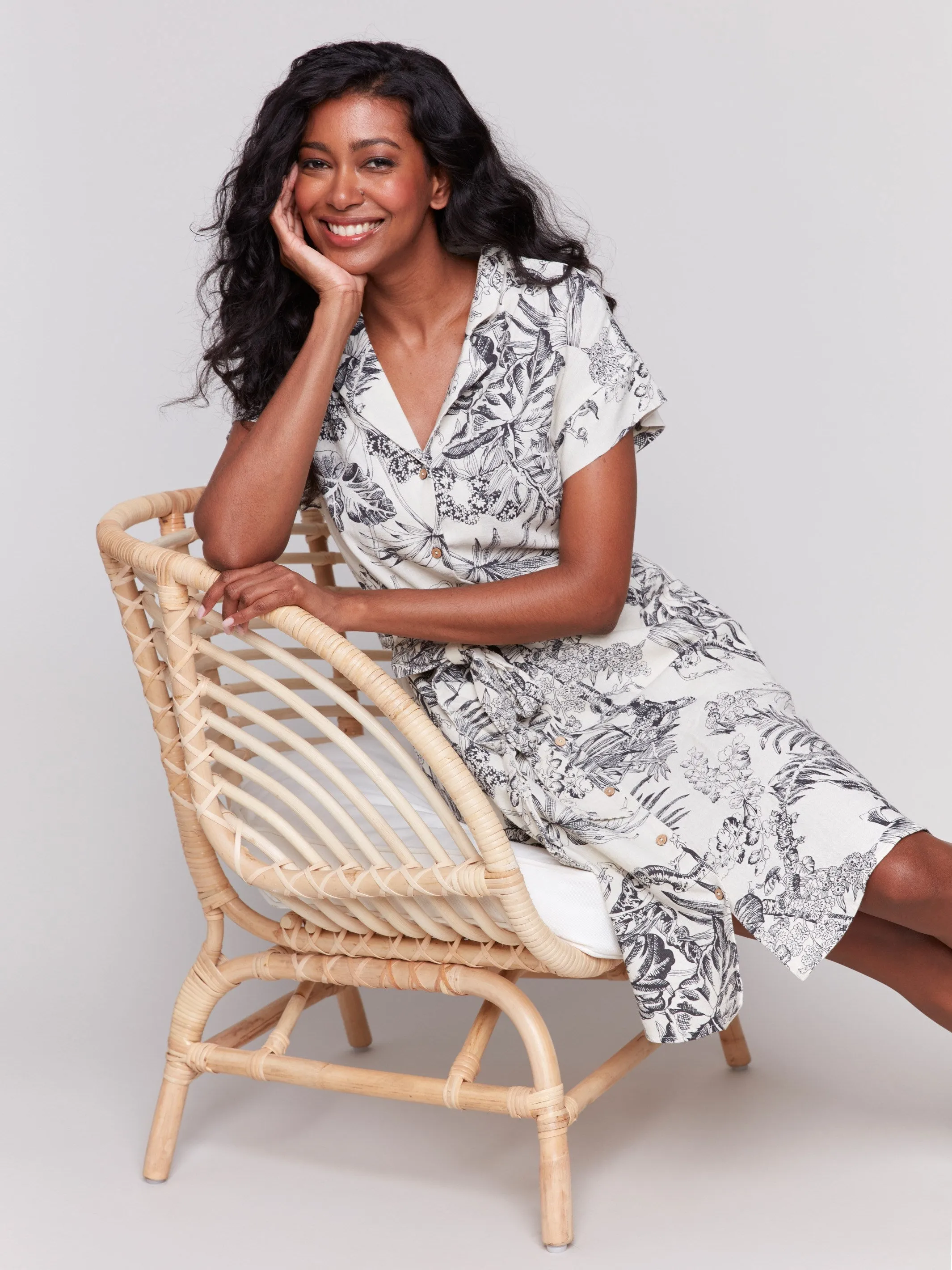 Linen Blend Short Sleeve Button-Front Dress - Black & Cream