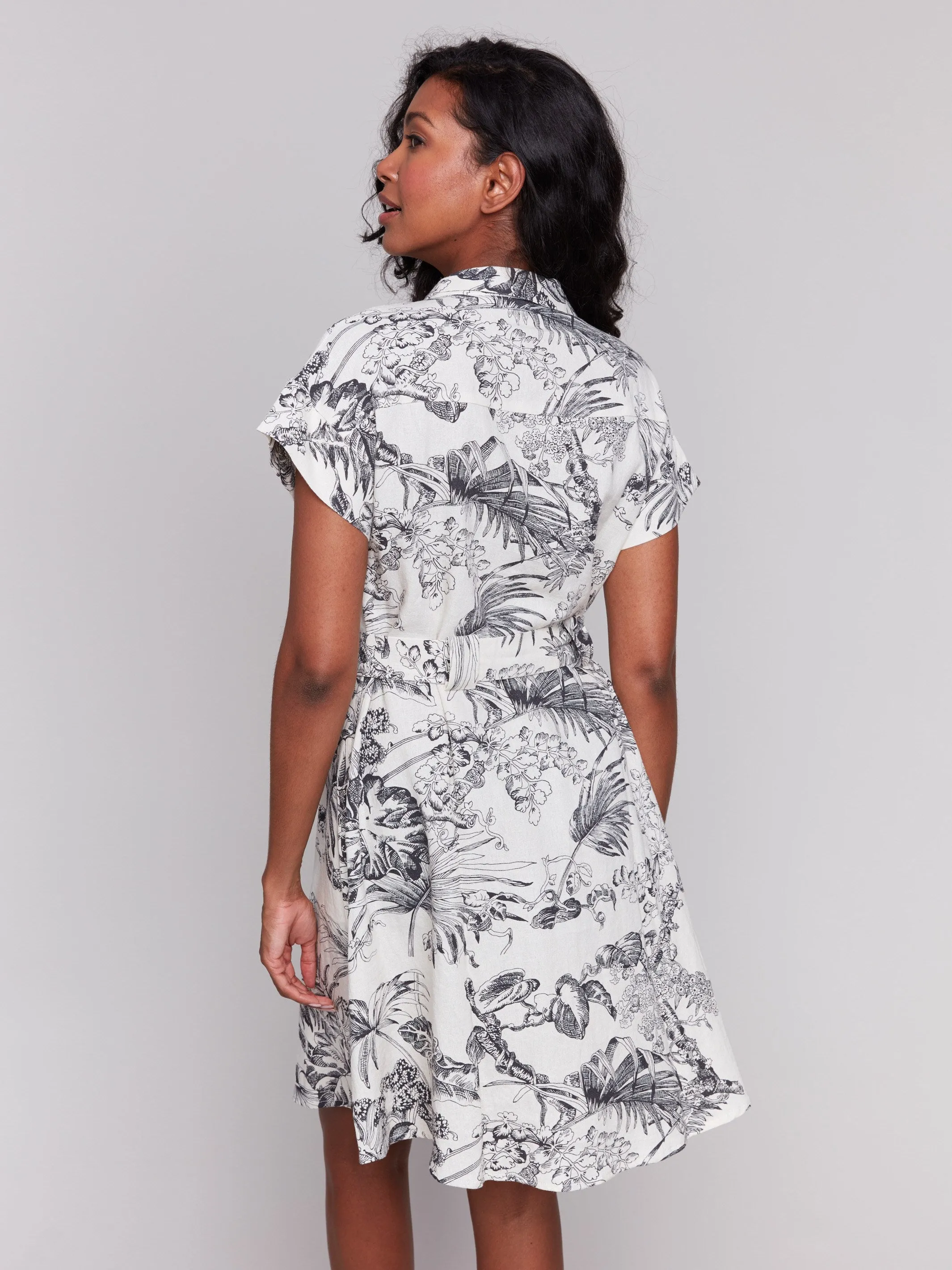 Linen Blend Short Sleeve Button-Front Dress - Black & Cream