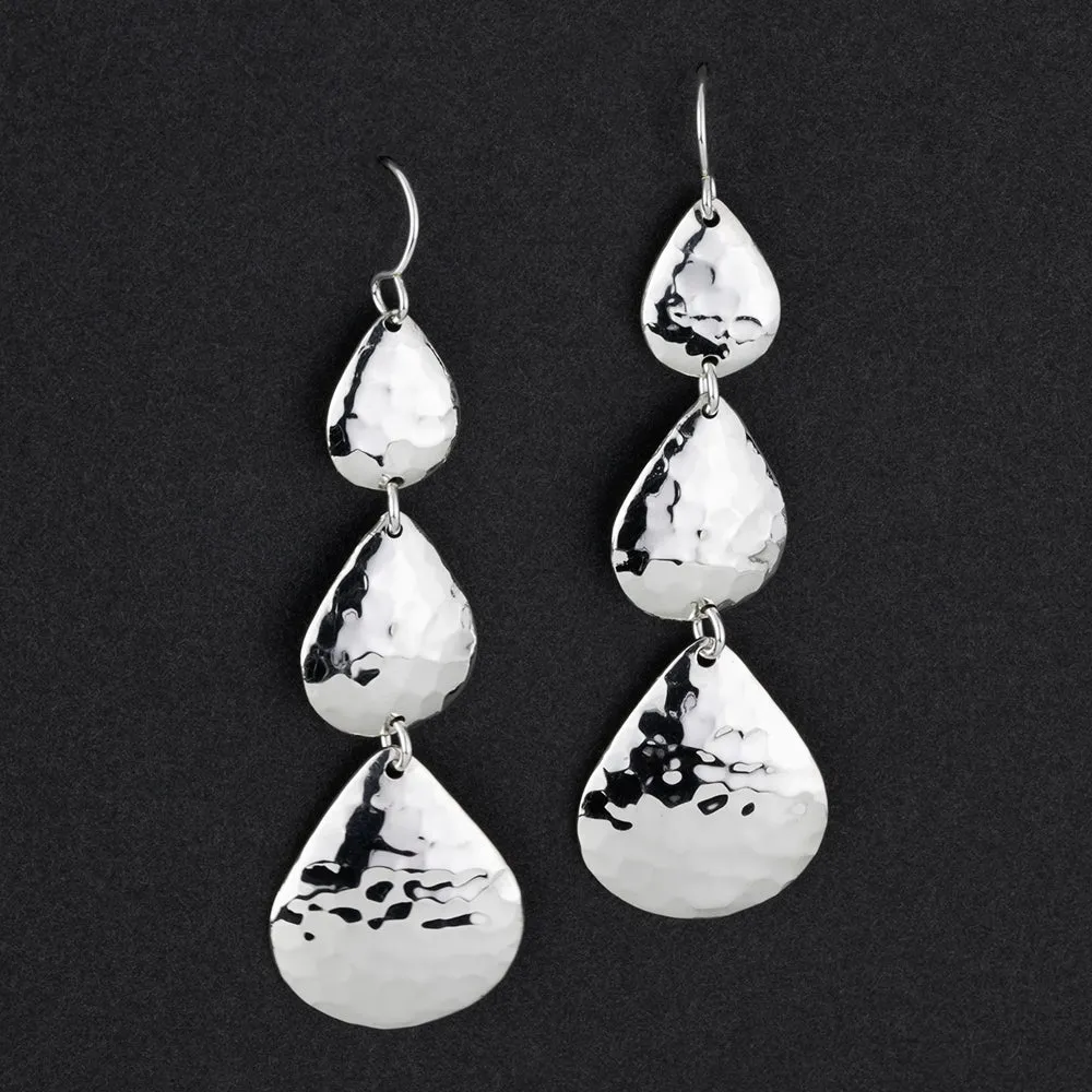 Long Hammered Silver Triple Teardrop Earrings