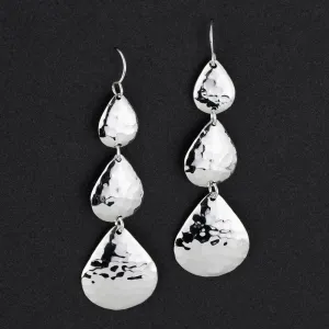 Long Hammered Silver Triple Teardrop Earrings