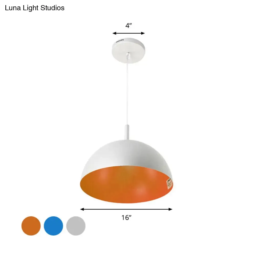 Metal Dome Ceiling Pendant Light with Simple Style Design - 1 Light Orange/Blue/Chrome Fixture for Dining Room, 10"/16" Wide