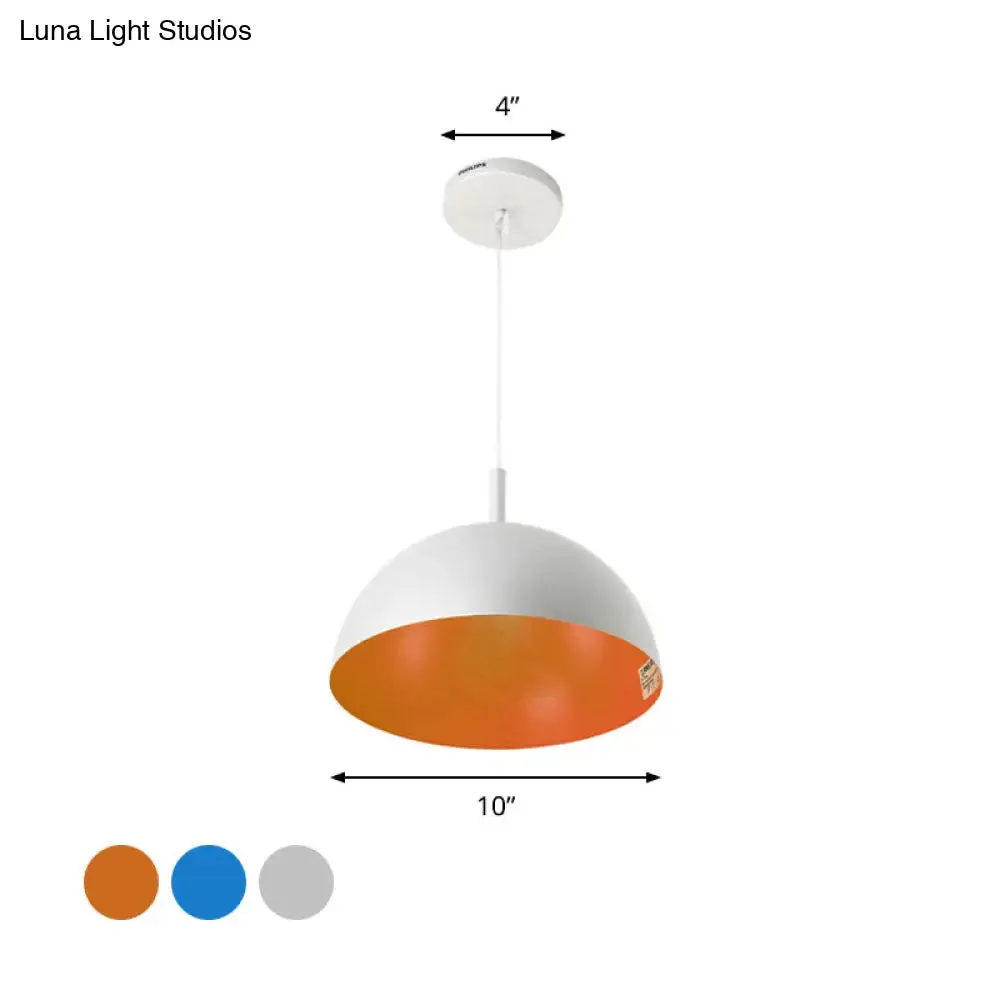 Metal Dome Ceiling Pendant Light with Simple Style Design - 1 Light Orange/Blue/Chrome Fixture for Dining Room, 10"/16" Wide