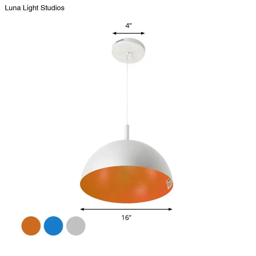 Metal Dome Ceiling Pendant Light with Simple Style Design - 1 Light Orange/Blue/Chrome Fixture for Dining Room, 10"/16" Wide