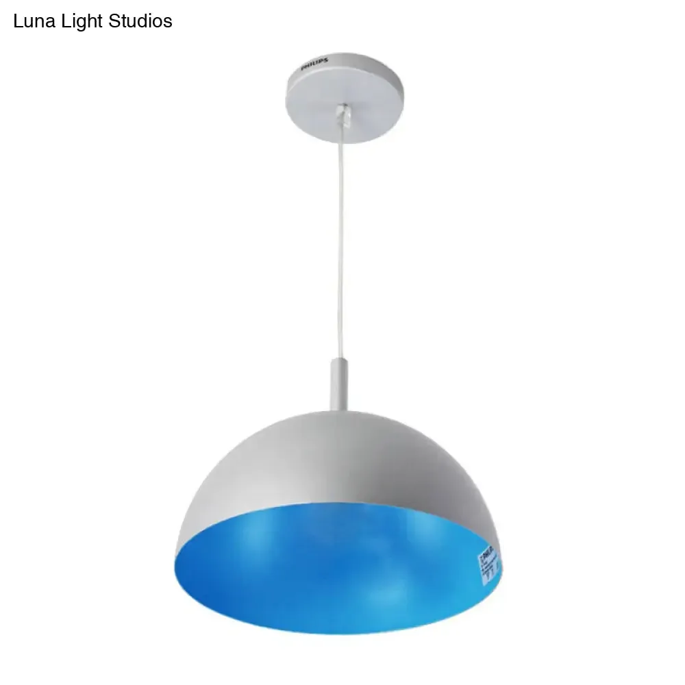 Metal Dome Ceiling Pendant Light with Simple Style Design - 1 Light Orange/Blue/Chrome Fixture for Dining Room, 10"/16" Wide