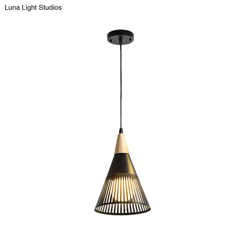 Metallic Cone Ceiling Light: Contemporary 1-Light Pendant in Black/Gold/White with Cage Shade