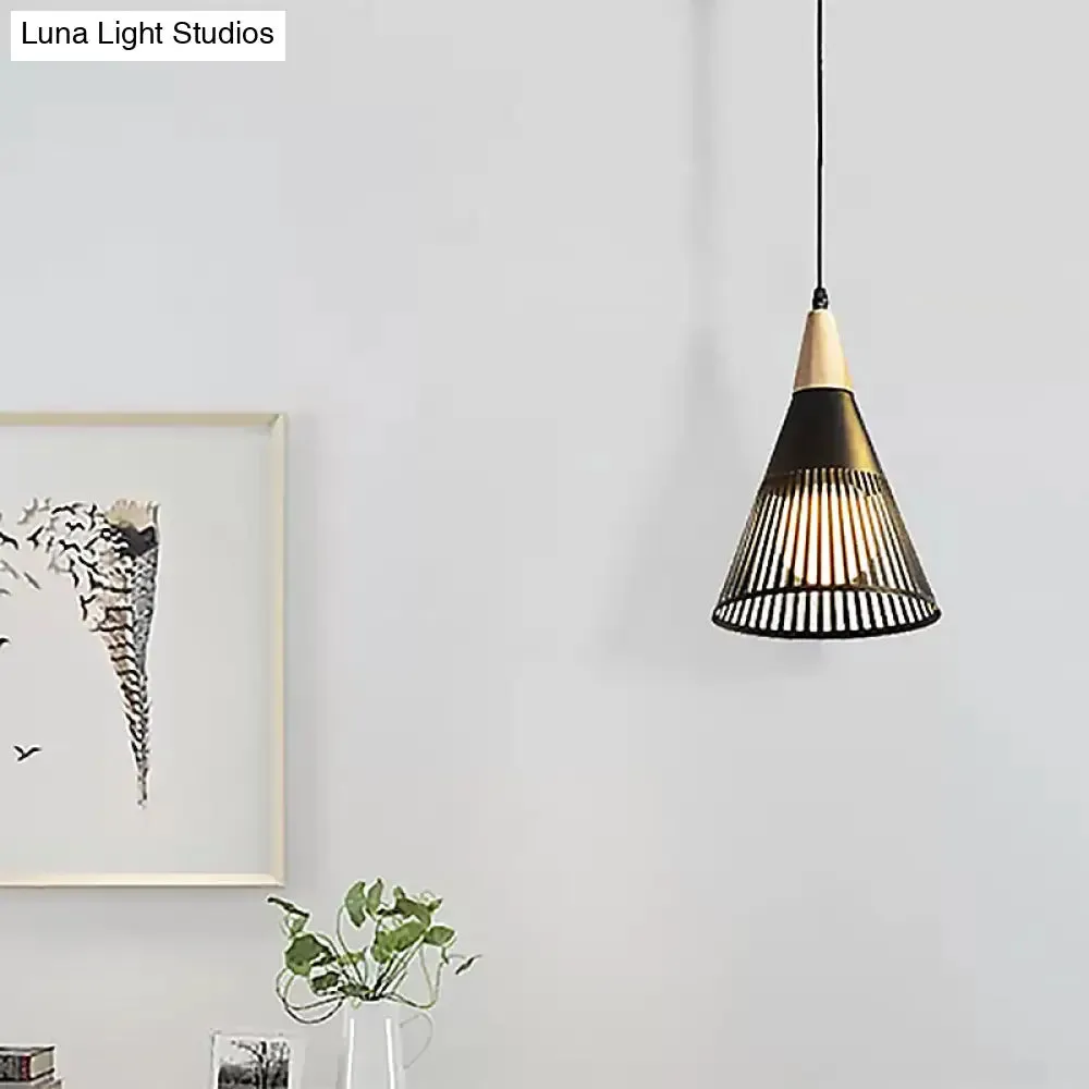 Metallic Cone Ceiling Light: Contemporary 1-Light Pendant in Black/Gold/White with Cage Shade