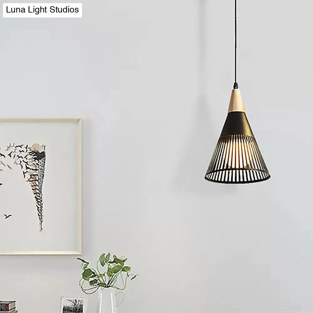 Metallic Cone Ceiling Light: Contemporary 1-Light Pendant in Black/Gold/White with Cage Shade