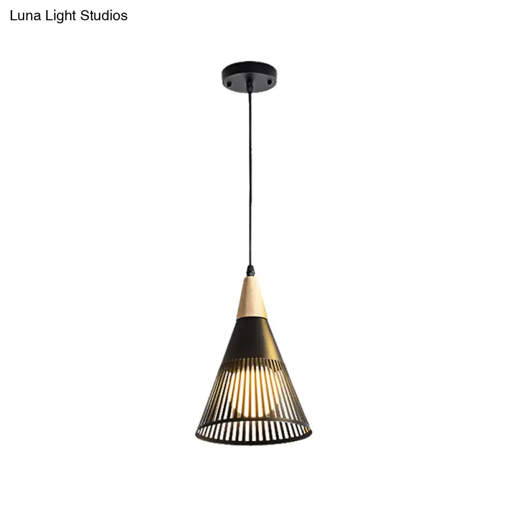 Metallic Cone Ceiling Light: Contemporary 1-Light Pendant in Black/Gold/White with Cage Shade